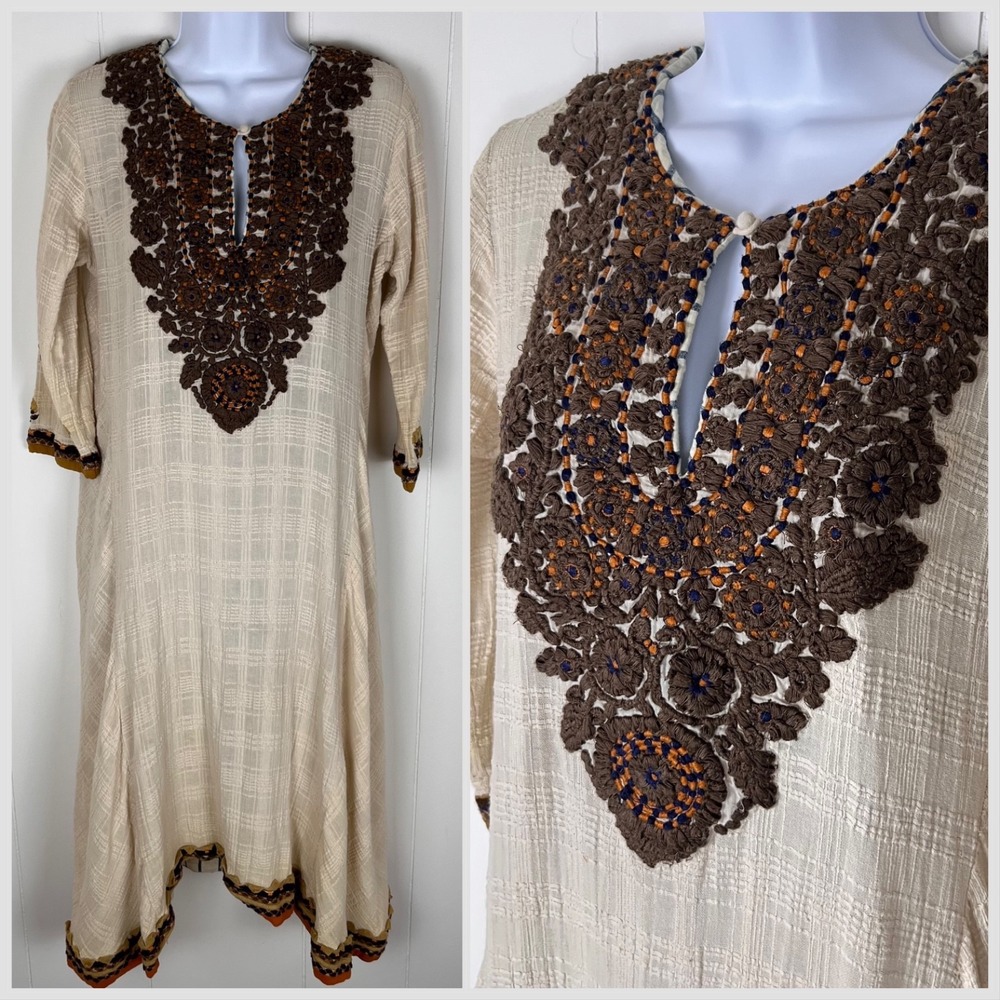 Ritu Kumar Regalia Midi Dress 36 Ivory 100% Cotton Embroidered Crochet Boho